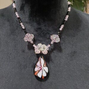Womens Fashion Multicolor Glass Stone Floral Pendant Glass Beads Collar Necklace